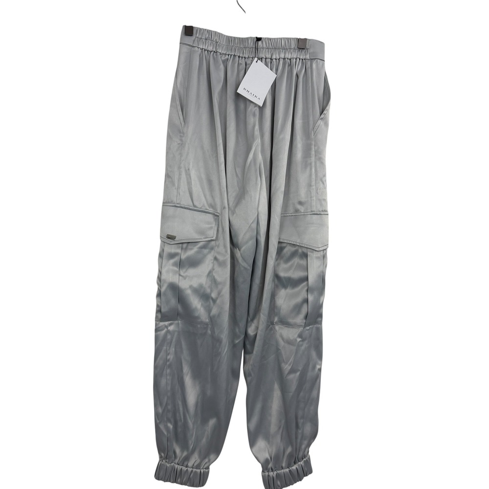 Rhaika Pants Womens XS Silver Satin Crepe Elastic Waist Cargo Jogger 24x27 NWT